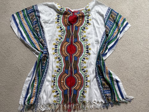 Women's Tunic Top Poncho Oriental Fringe Cover Up Shawl White Multi Malaysia New - Picture 7 of 12