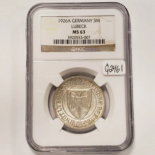 1926-A Germany Weimar Lubeck 3 Mark  .2411 oz ASW - NGC MS 63 - SKU-Q2461