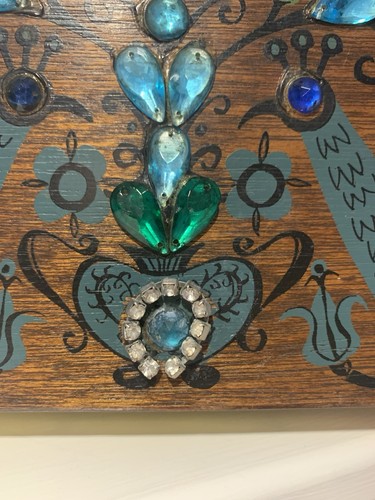 Vtg Enid Collins of Texas Pavan II (turquoise, dark) Wood Box Bag Peacocks 1963 - Picture 10 of 13