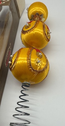 Vintage Liberty Bell 3 Satin Ball Christmas Tree Topper MCM Gold 11” Tall - Picture 8 of 9