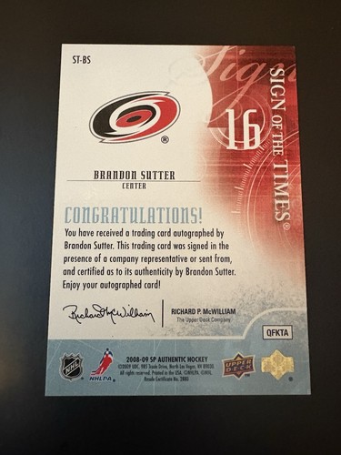2008-09 SP Authentic - Sign of the Times Brandon Sutter RC Auto - Picture 2 of 7