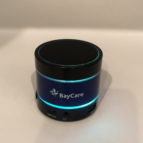 BayCare Bluetooth Portable Speaker. 2.5” x 2.5”. Black & Blue. Has Logo - Picture 4 of 4