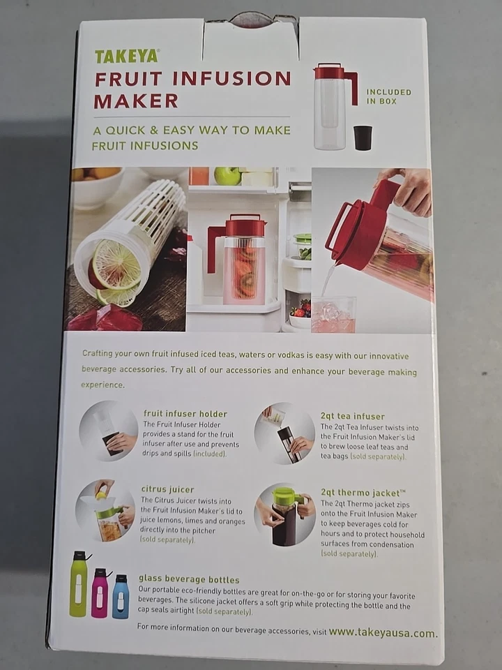 Takeya Airtight Fruit Infusion Maker Pitcher Infuser Beverage 2 Quart Red USA - Image 2 of 4