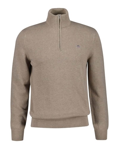 GANT Mens Casual Cotton Half Zip Dark Sand Melange - Picture 3 of 9