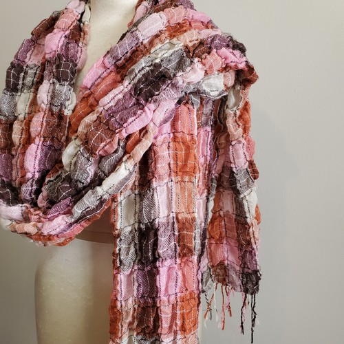 Scarf Wrap Shawl Pink Brown Orange 19x84" Plaid Ruched Fringe Extra Long Gauzy - Picture 3 of 9