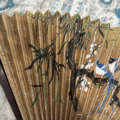 VTG Large Asian Wood Fan Wall Art Hand Painted w/ Birds & Floral in a tree - Picture 6 of 13