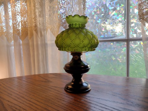 Fenton Diamond Quilted Satin Lamp Shade Avocado Green With Acorn Oil Lamp - Picture 2 of 24