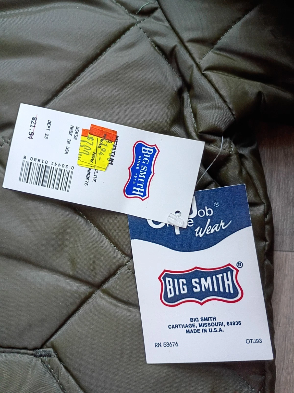Big Smith Quilted Puffer Made In USA Mens M Jacket Dark Green NOS - product detail image 5
