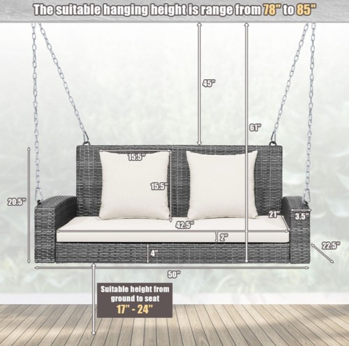 Porch Swing Bench Chair Cushion 2-Person Patio Wicker Hanging 800-lbs Capacity - Picture 4 of 10