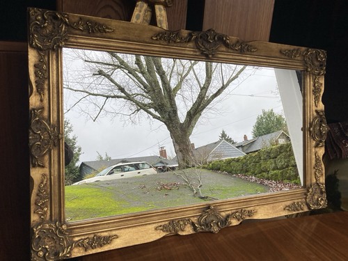 VTG Antique Carved Wood Gold Gilt Mirror Mid Century Wall Long 44” Wide - Picture 4 of 24