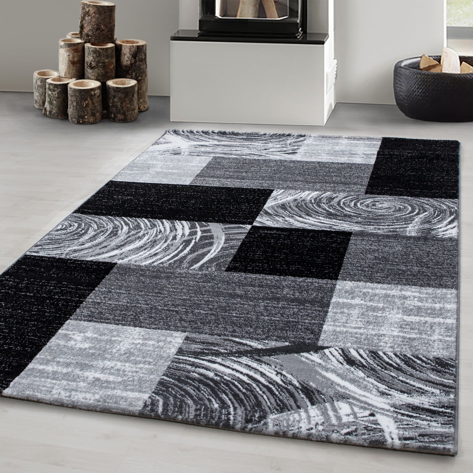 Modern Wohnzimmer Teppich Abstrakt Kariert Design Schwarz-Grau-Weiß Pflegeleicht