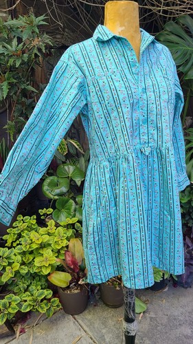 Vtg Esprit Folk Floral Tapestry Babydoll Dress Tunic Kids M Adult XS/S Aqua Blue - Picture 7 of 7