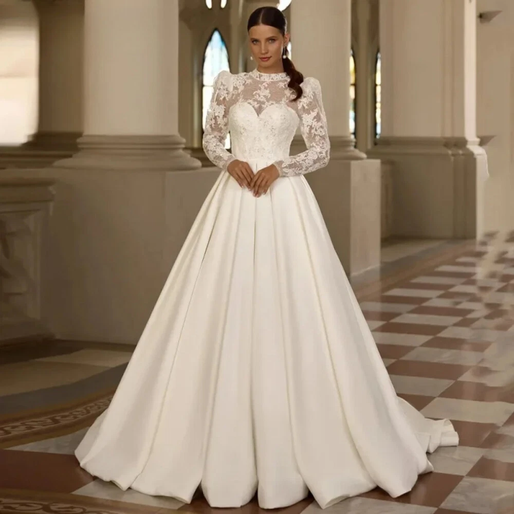 Satin Long Sleeve Wedding Dresses for sale | eBay