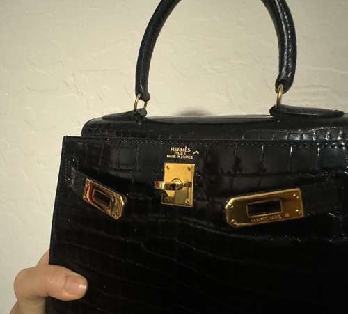 Hermes Mini Kelly 20 Black Porosus Crocodile Bag Gold Hardware Rare - Picture 2 of 13