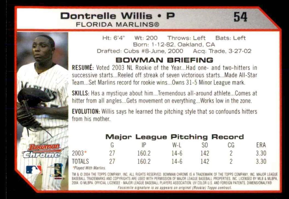 2004 Bowman Chrome Dontrelle Willis Florida Marlins #54. - Image 2 of 2