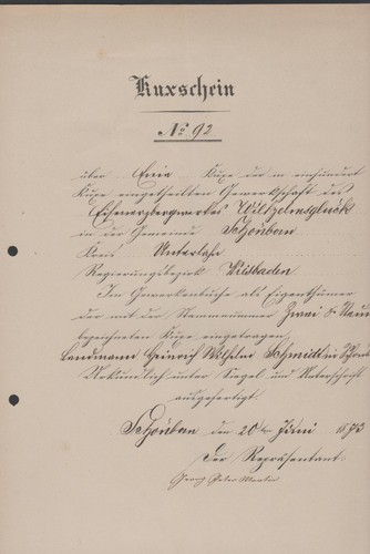 Union iron ore mine Wilhelmsglück Schönborn, 1 Kux, 1873