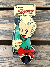 VINTAGE SQUIRT BOY with BOTTLE OIL GAS PUMP SODA POP 7UP COKE PORCELAIN SIGN