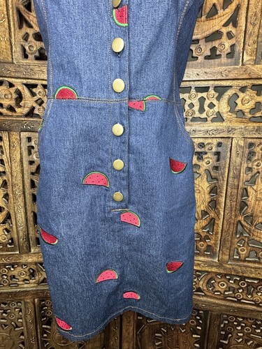 Unique Vintage Retro Mini Dress Stretchy Denim Embroidered Watermelon New Size L - Picture 7 of 18