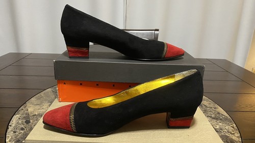 VTG Anne Klein Couture Suede Red & Black Pumps Shoes SZ 8.5N Made In Italy New - Picture 3 of 19