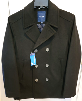 Nautica Men Black Wool Blend Water-resistant Overcoat