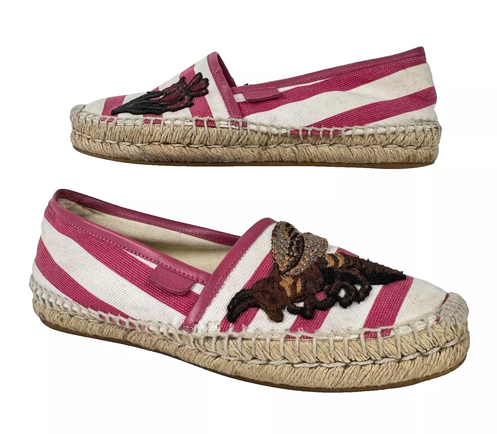 Chaussures plates espadrilles en toile rayée rose blanc Gucci Auth 5,5 US 35,5 EU