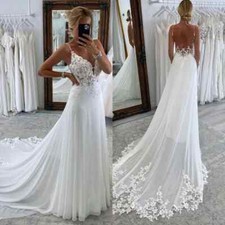 Boho Lace A Line Wedding Dresses Straps Backless Button Applique Bridal Gowns