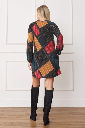 Bishop Sleeve Multi Patch Pattern Mini Dress - Picture 16 of 30