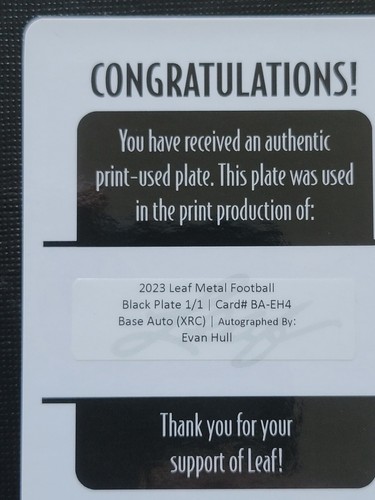 Tarjeta de fútbol americano autógrafa placa de impresión negra Evan Hull 2023 hoja de metal 1/1 XRC - Imagen 7 de 10