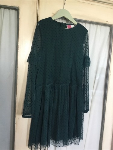 MINI BODEN girls 8-9 Yrs Dark Green / Blue Spotted , Long Sleeves , Party Tulle - Picture 2 of 13