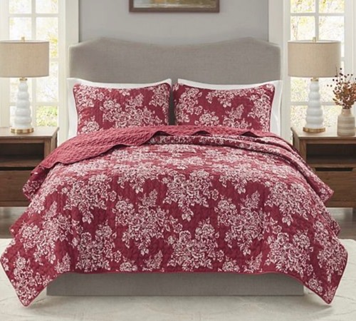 Madison Park Full/ Queen Sz 3 pcs Quilt Blanket Bedding Set - Red Floral - Picture 2 of 2