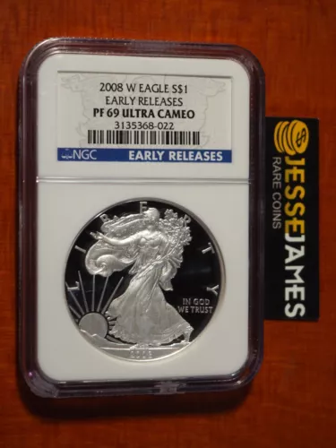 2008 W PROOF SILVER EAGLE NGC PF69 ULTRA CAMEO EARLY RELEASES BLUE LABEL