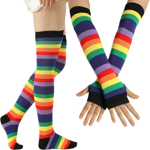 Calcetines hasta la rodilla arco iris medias a rayas mujer calentador de brazos conjunto de guantes sin dedos - Imagen 8 de 16