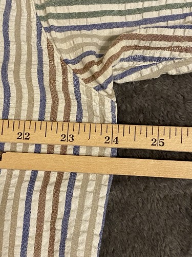 Orvis Seersucker Shirt Mens 48” Chest Blue Beige White Striped Short Sleeve FLAW - 第 11/13 張圖片