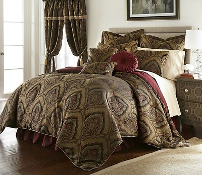 Deluxe New 9 Pcs Gold Maroon Oversized Paisley Comforter Set Cal