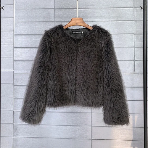 Elegante einfarbig flauschige kurze Jacke Damen Mode Langarm lose warm Kunstfell - Bild 20 von 23