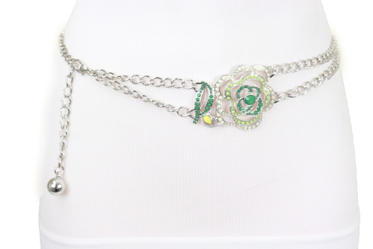 Women Silver Metal Chain Wrap Around Fashion Belt Green 