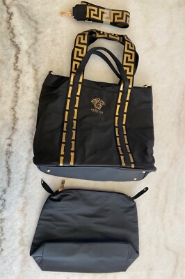 New Versace Black Faux Leather Sports Tote Shoulder Bag Purse