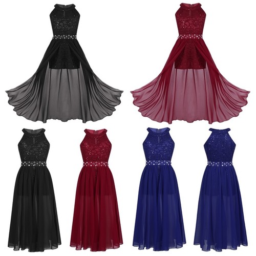 Kids Girls Sleeveless Floral Lace Rhinestone Maxi Dress Party Dance Romper Gown - Picture 3 of 99