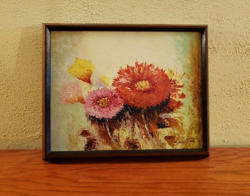 Mid Century Modern Floral Oil Painting Wood Framed Pop of Color Signed - Picture 10 of 10