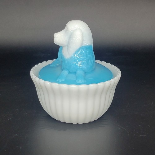 VTG Westmoreland Milk Glass Dog Puppy Vertical Rib Base 5" Blue Covered Dish - Imagen 4 de 23