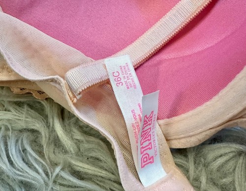 VICTORIA'S SECRET PINK 36C LINED Push-Up LACE BRA GENTLY USED Coral Balconette - Picture 4 of 4