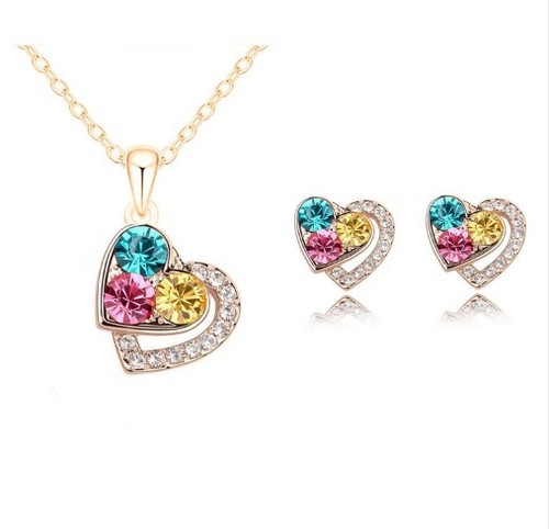 Love Heart Silver Gold Plated Crystal Girl Necklace Pendant Earring Set Women - Picture 1 of 24