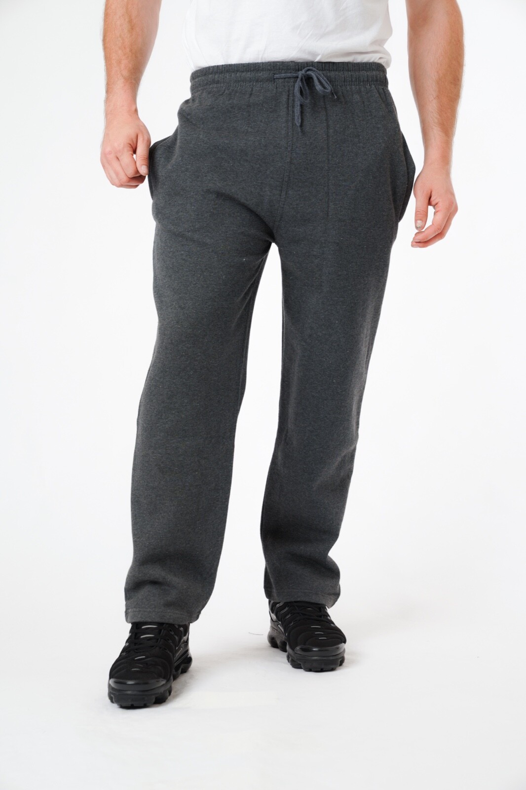 Mens Fleece Trousers Joggers Open Hem Bottoms Plain Zip Pocket Track ...