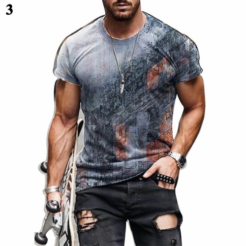 Men Colorful Printed Pullover Blouse Crew Neck Tops Fashion Short Sleeve T-Shirt - Picture 12 of 21