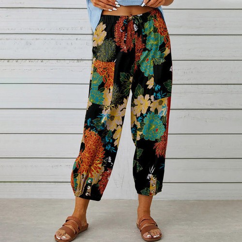 Womens Floral Summer Cotton Linen Baggy Casual Harem Pants Holiday Trousers US - Picture 14 of 17