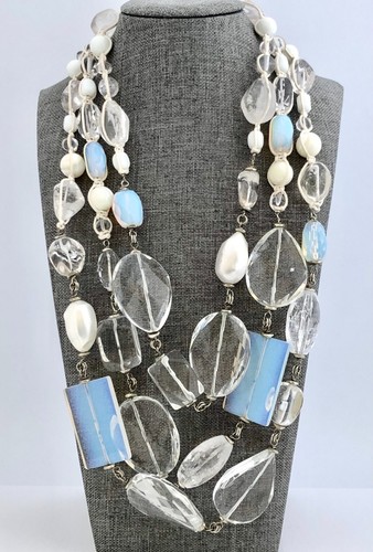 Vintage 70's DONCASTER Chunky Triple Strand Necklace Opalite Quartz Mop 13.5 oz - Picture 4 of 7