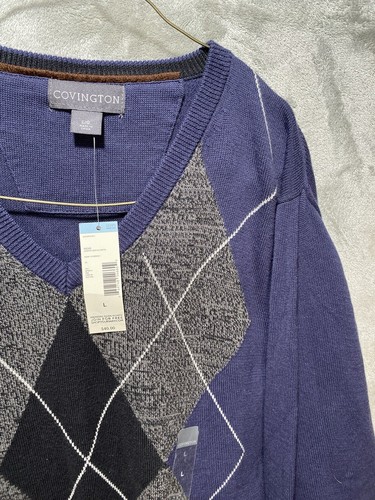 Covington Dark Blue Argyle Sweater Mens Size L Long Sleeve Heavy Knit NWT - Picture 3 of 17