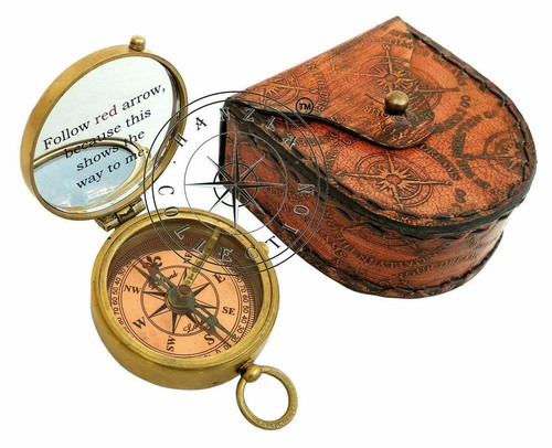 Nautical Thoreau Go Confidently Embossed Solid Brass Compass With Leather BOX - Picture 2 of 12