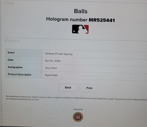 TONY CLARK YANKEES SIGNED AUTOGRAPHED OML BASEBALL STEINER & MLB COA - Picture 3 of 3