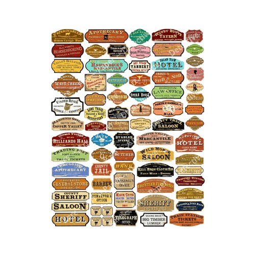 72 Western Frontier Town Signs, Old West Model Train & Dollhouse Sticker Sheet - Picture 1 of 3
